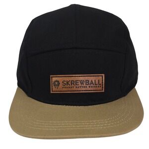 Skrewball Peanut Butter Whiskey 5 Panel Hat OSFA Black Tan Leather Patch Cap